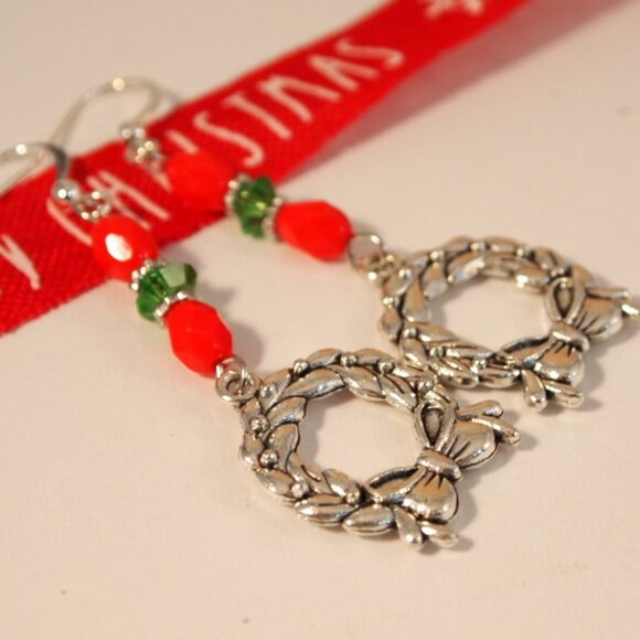 Christmas Wreath Earrings Dangle Pierced or Clip-on Earrings Silver Earrings - Picture 3 of 6